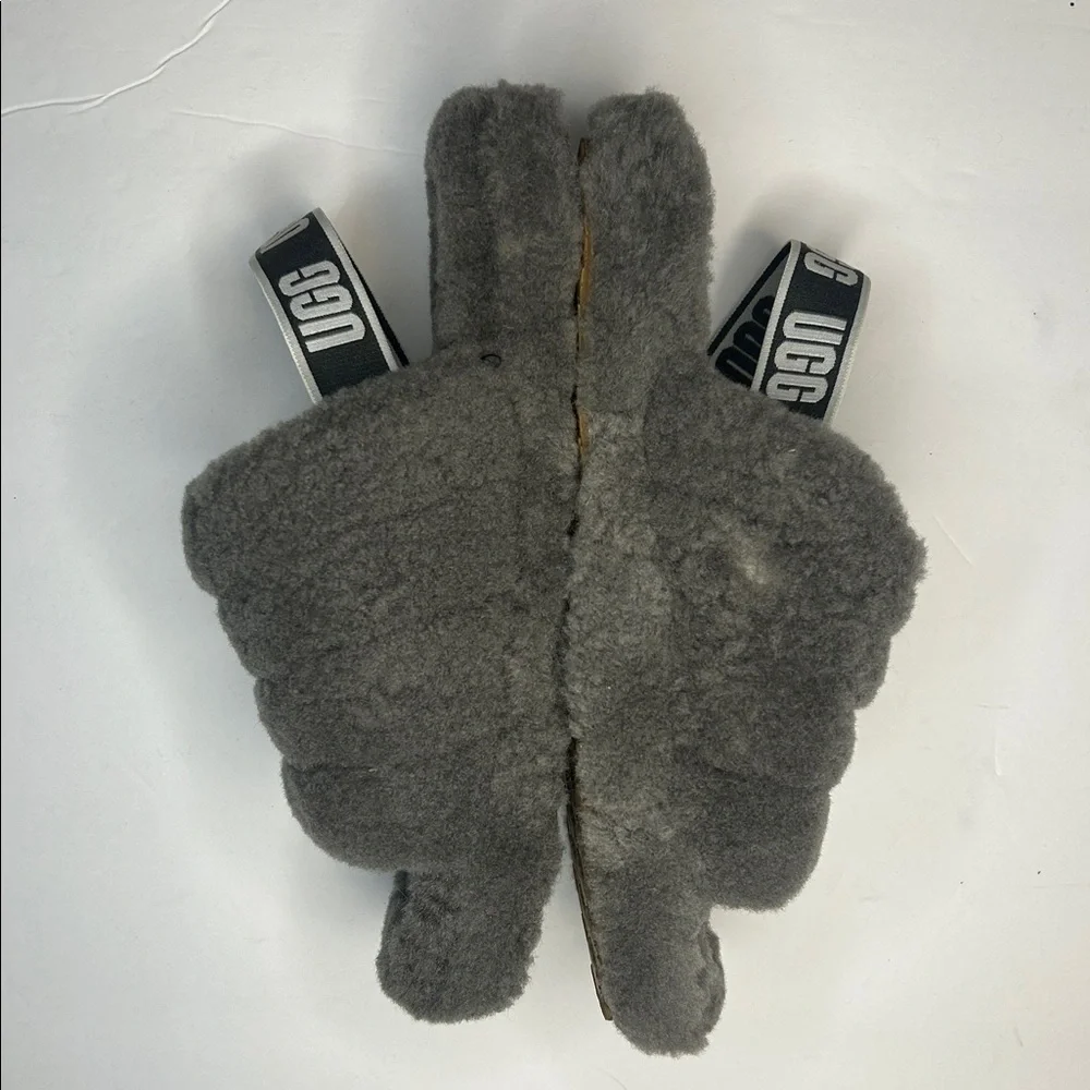 UGG Kids Charcoal Gray Fluff Yeah Elastic Strap Sheepskin Slides, 4